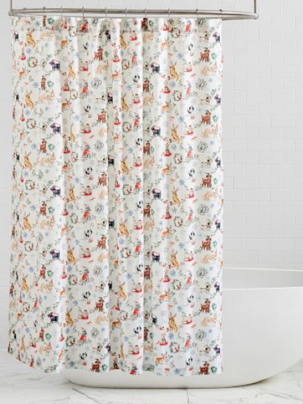Pottery Barn Christmas Dogs Shower Curtain - White with Multicolor Dog Print BN